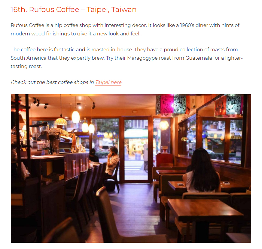 16th. Rufous Coffee – Taipei, Taiwan